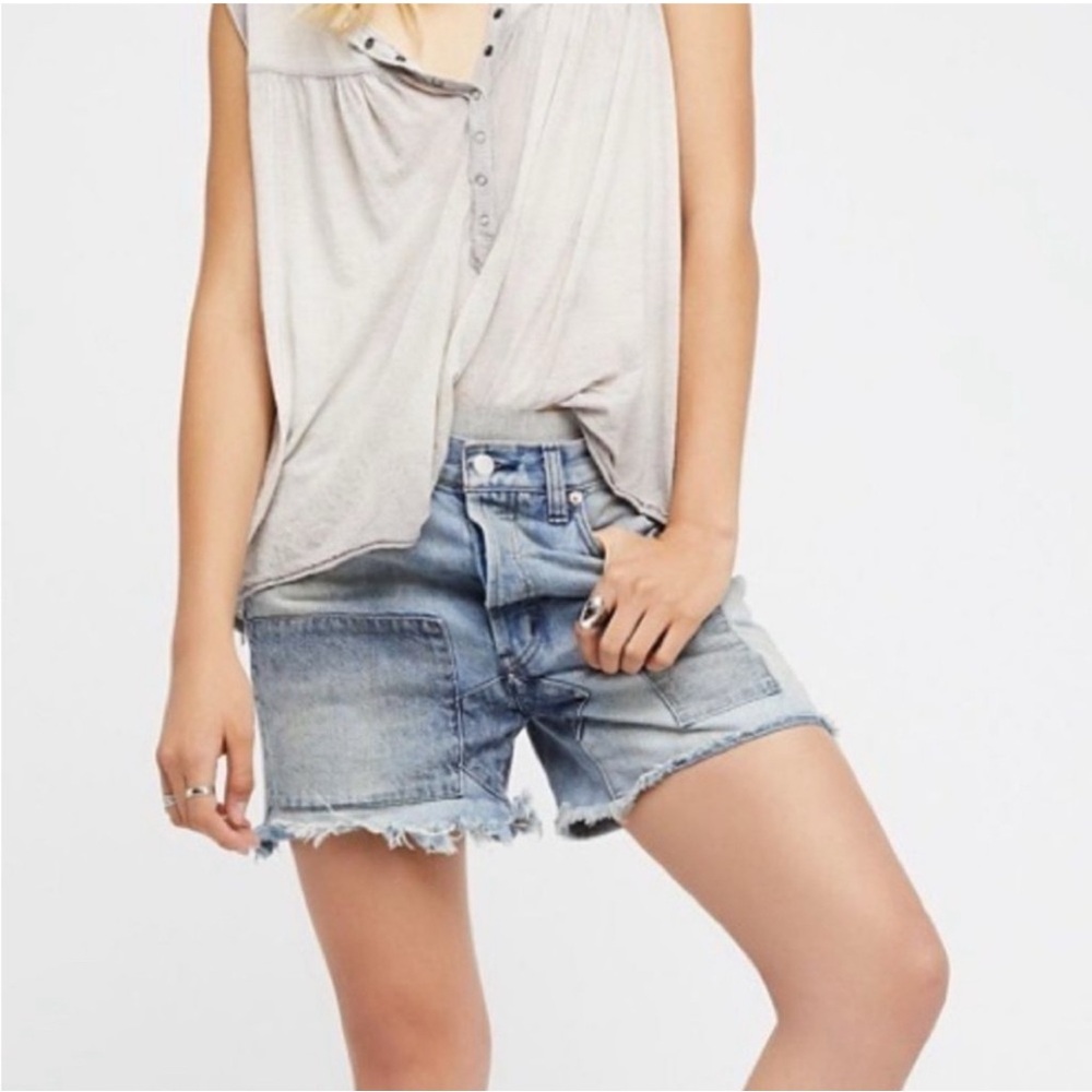 FREE PEOPLE Patchwork Denim Button Fly Shorts Women's 28 High Waist Raw Hem